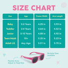 A size chart graphic for children's sunglasses showing measurements for Baby, Toddler, Junior, Teen/Adult, and Adult LG sizes, with pink sunglasses pictured at the bottom.