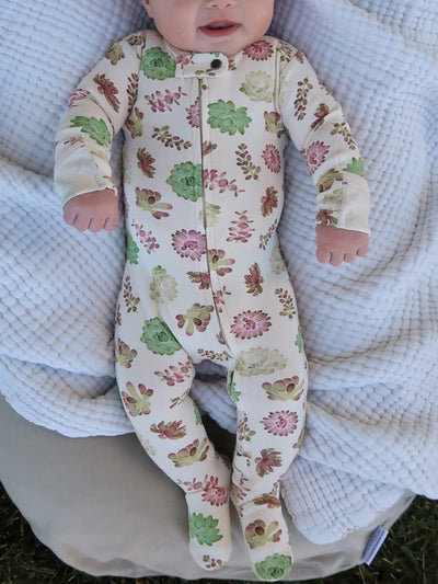 Organic 2 Way Zipper Footie - Buttercream Succulents by Loved Baby - FINAL SALE