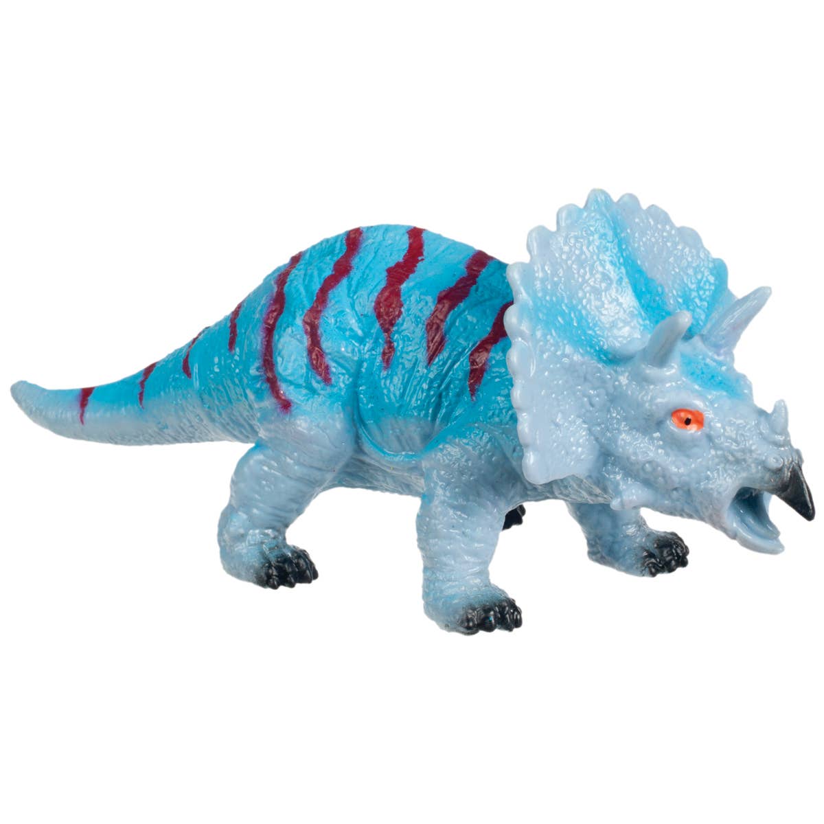 Dinosaur toy figure with blue and red stripes on a white background