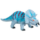 Dinosaur toy figure with blue and red stripes on a white background