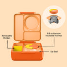 Orange lunch box with features highlighted on a beige background