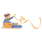 Illustration of a child playing with colorful sand toys on a white background