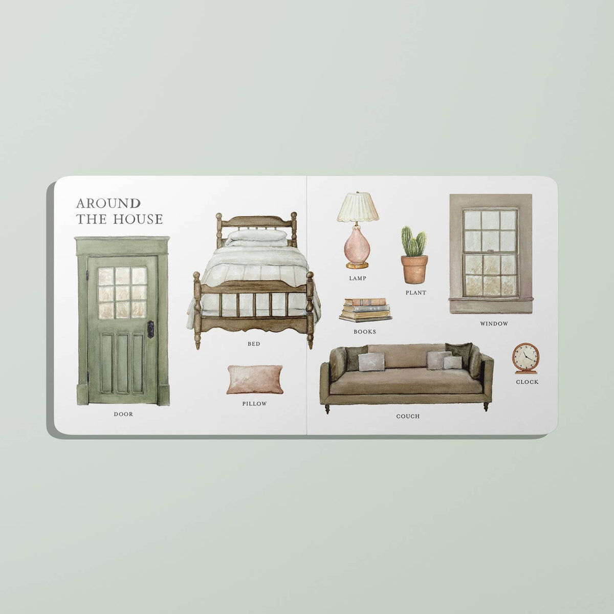 Illustrated book page showing furniture and home decor items on a light green background