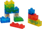 Two separate stacks of colorful, translucent Jelly Blox sensory blocks on a white background, featuring a mix of clear blocks filled with colorful beads and solid-colored blocks in blue, green, yellow, and red.