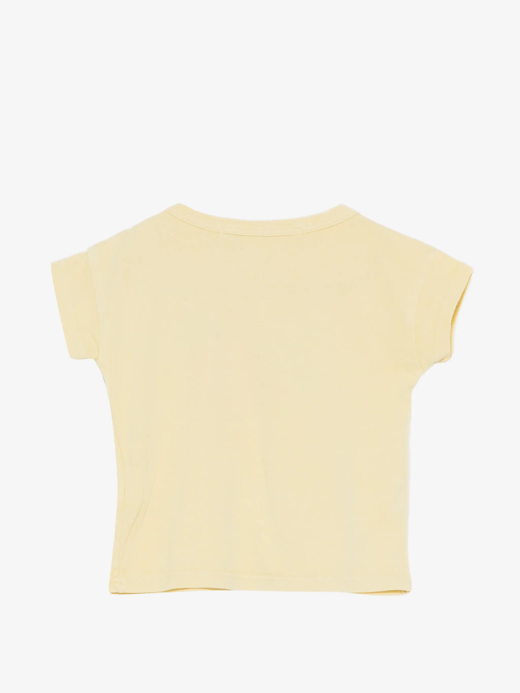 Light yellow, short-sleeved t-shirt appears to resemble the Bobo Choses Curious Turnip T-shirt, featuring a simple round neckline and cuffed sleeves
