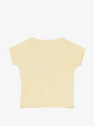 Light yellow, short-sleeved t-shirt appears to resemble the Bobo Choses Curious Turnip T-shirt, featuring a simple round neckline and cuffed sleeves