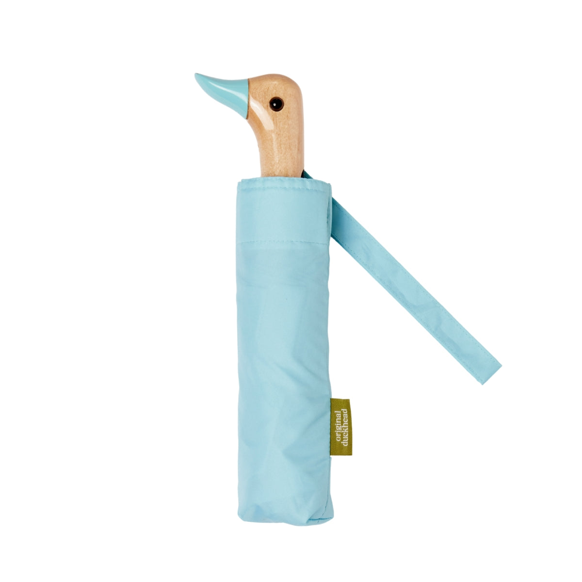 Compact umbrella with duck-shaped handle on a white background