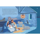 Illustration of a nativity scene with Mary, Joseph, and baby Jesus in a stable.