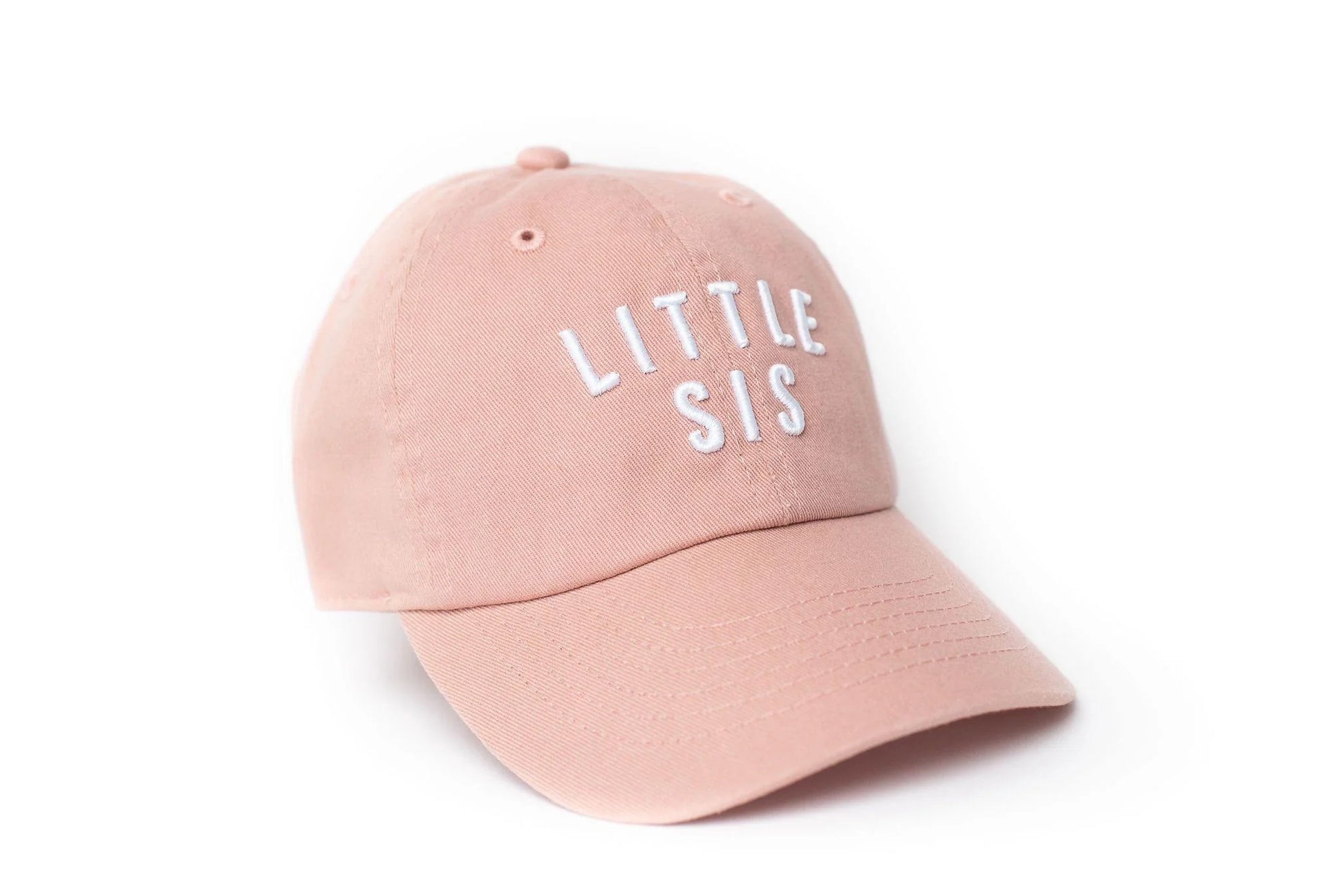 Pink cap with 'LITTLE SIS' text on a white background