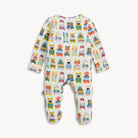 A long-sleeve footed sleeper for babies, featuring a colorful cartoon cat pattern on a white background, shown flat against a light gray backdrop.