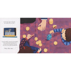 Illustration of children playing with chocolate coins on a tablecloth.