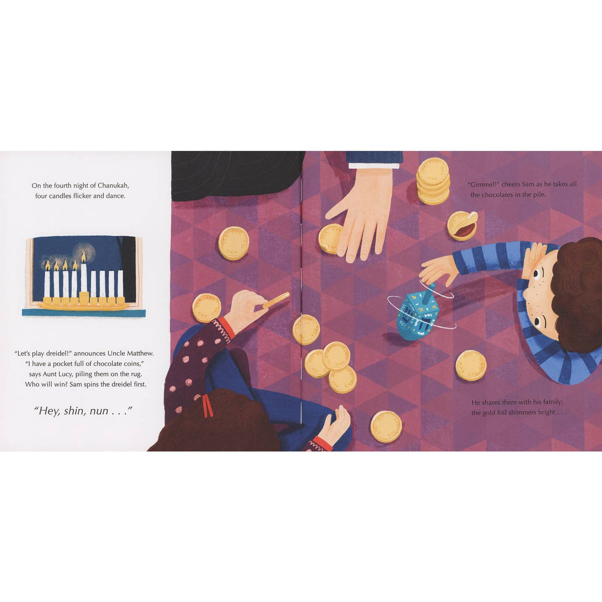 Illustration of children playing with chocolate coins on a tablecloth.