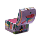 An open Fairy Tale Small Dome Jewellery Box by Floss & Rock with an illustrated fairy-tale landscape exterior, showing an open purple interior and a character figurine.