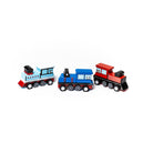 Three toy train engines on a white background