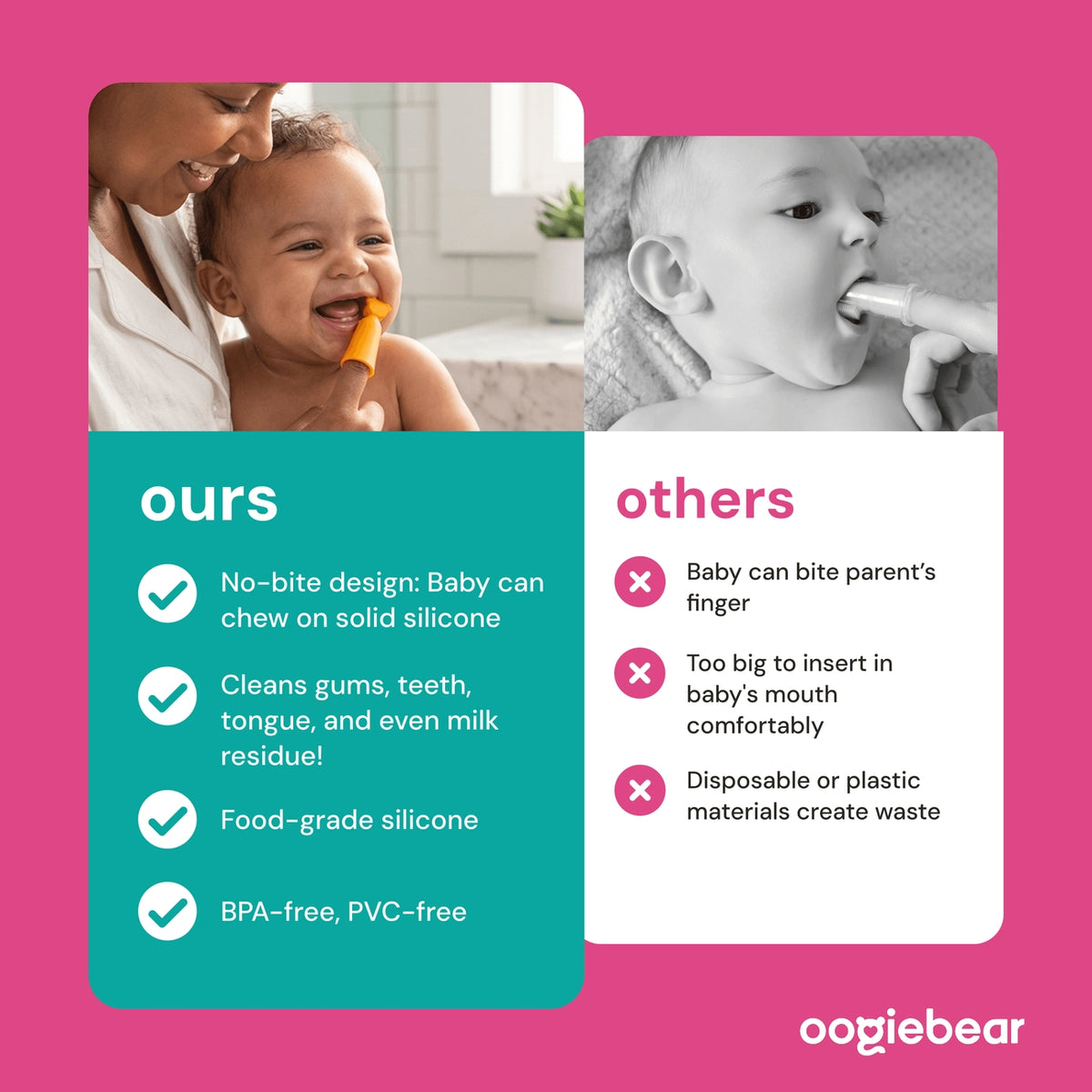 Comparison chart between 'ours' and 'others' products for baby teethers, with images of a baby and mother, and a baby eating a toothbrush.