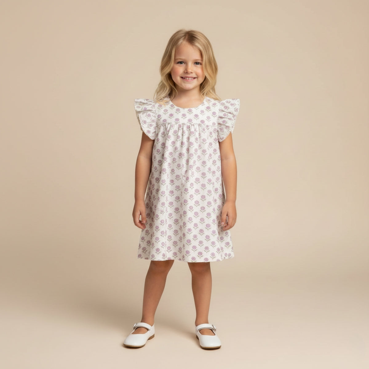 Young girl wearing a white floral dress on a beige background