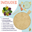 Gameboard with snack wedges, tongs, and cheese wheel on a light blue background