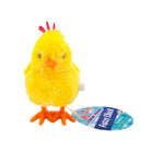 Yellow plush chicken toy with a tag on a white background