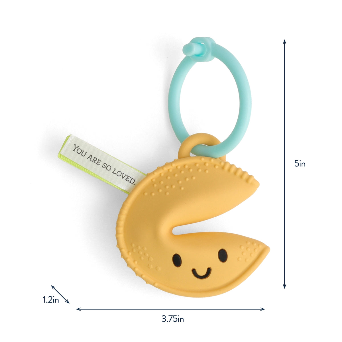 Yellow crescent moon-shaped teether with a blue ring and 'You are so loved' tag, shown with measurements on a white background.