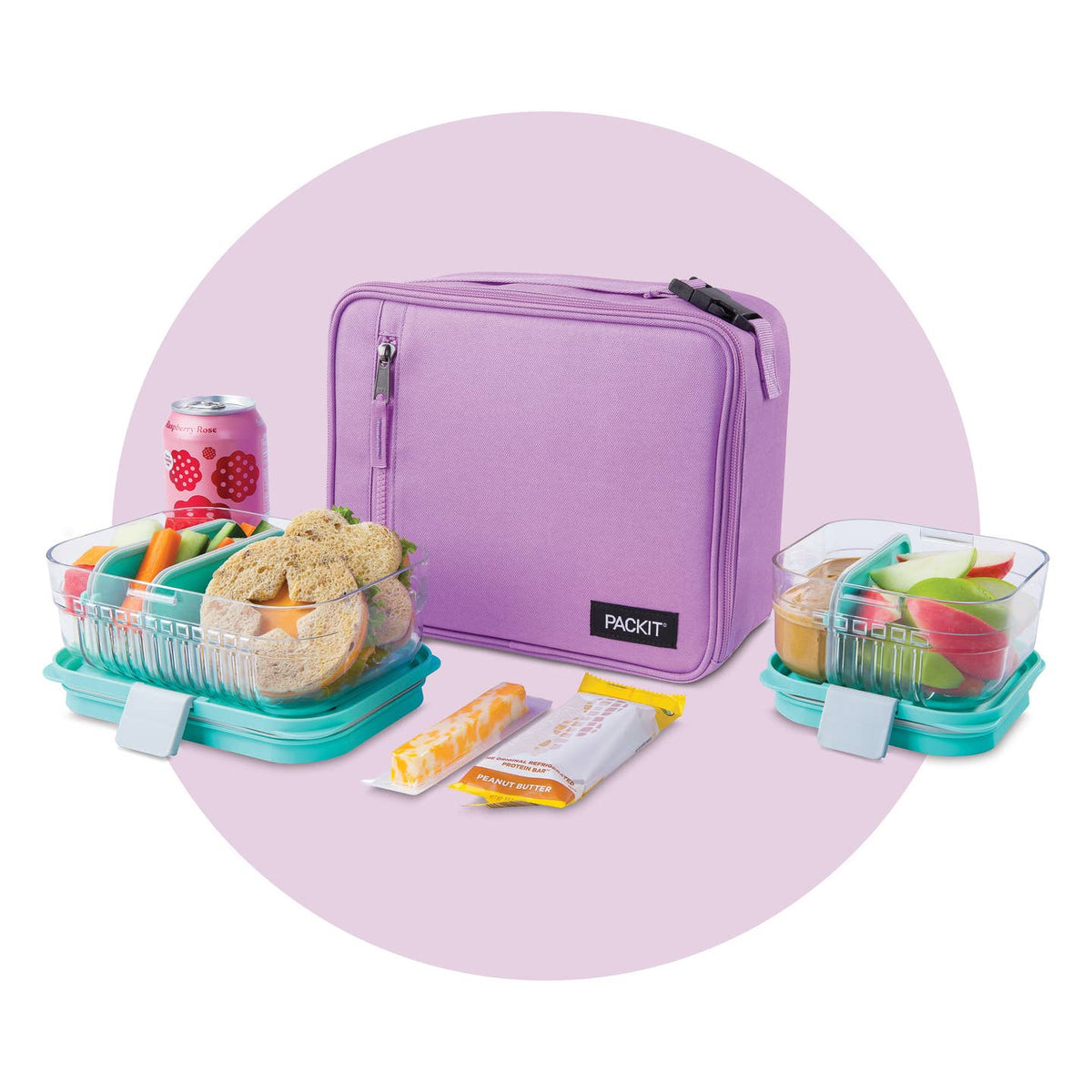 Purple Packit lunch bag with snack containers and food items on a pink background