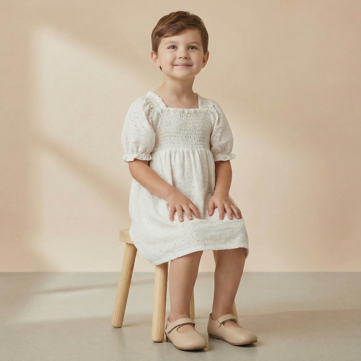 Young girl in a white dress sitting on a wooden stool against a beige background