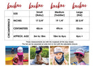 Size chart and images of children wearing hats with 'bubu' branding.
