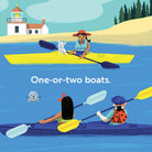 Illustration of people kayaking with a lighthouse and beach in the background.