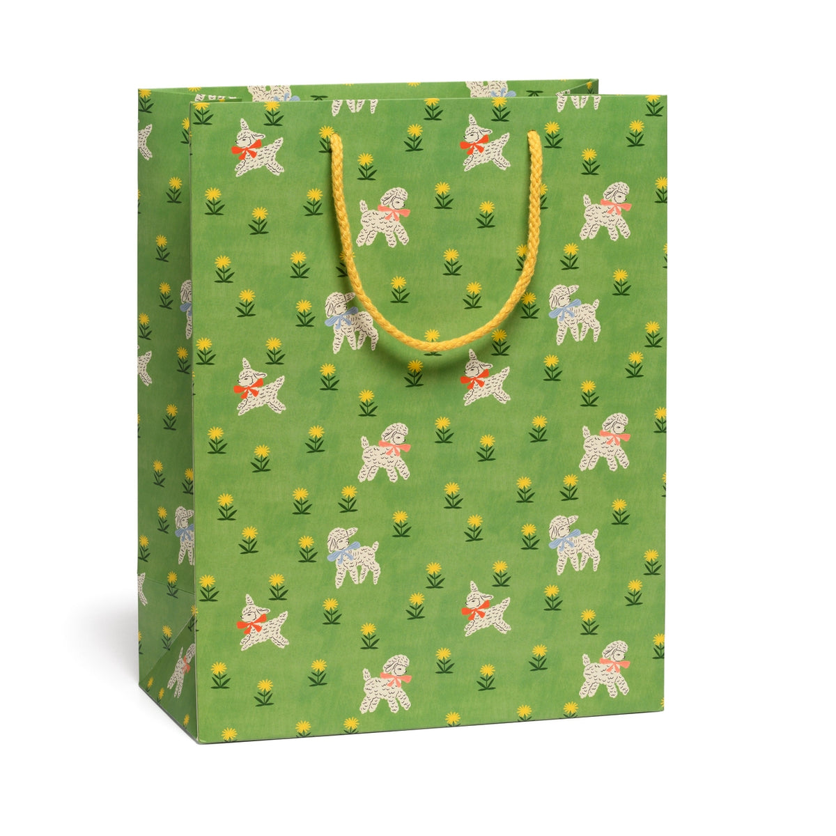 Green gift bag with dog and flower pattern on a white background