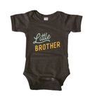 A dark heather charcoal baby bodysuit with 'Little BROTHER' printed on the chest, featuring a mint green script font for 'Little' and a mustard yellow block font for 'BROTHER'.