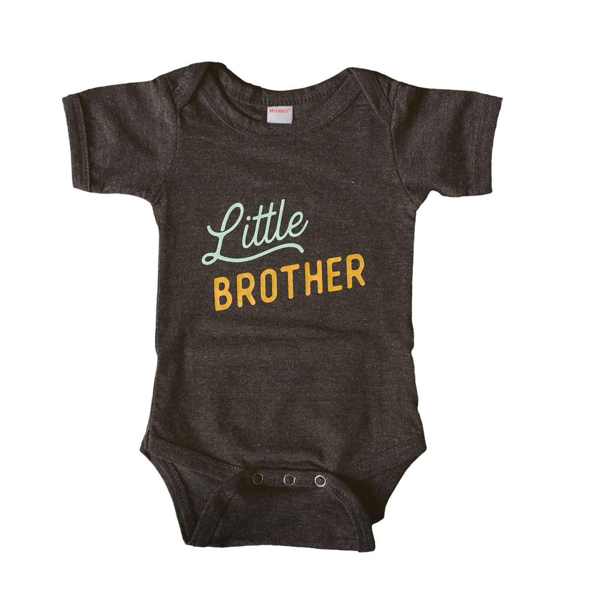 A dark heather charcoal baby bodysuit with 'Little BROTHER' printed on the chest, featuring a mint green script font for 'Little' and a mustard yellow block font for 'BROTHER'.