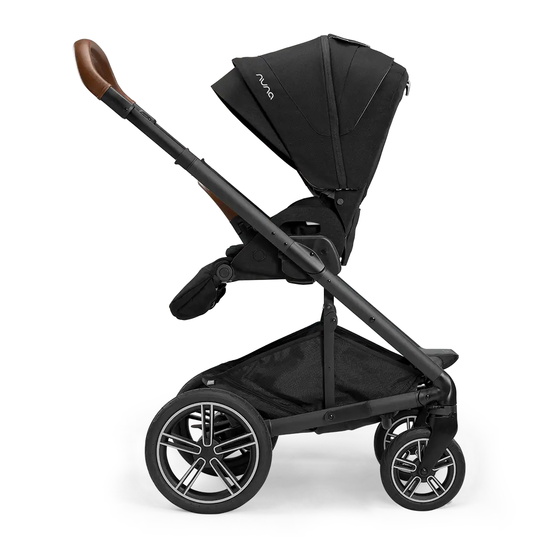 A profile view of a black MIXX Next + Pipa Aire RX Travel System by Nuna stroller featuring brown leatherette handlebar and armbar accents, shown against a checkered transparent background.