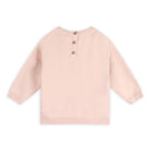 A light pink knit sweater with three buttons on a white background.