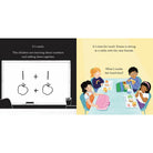 Illustrated book page with children learning math and having lunch.