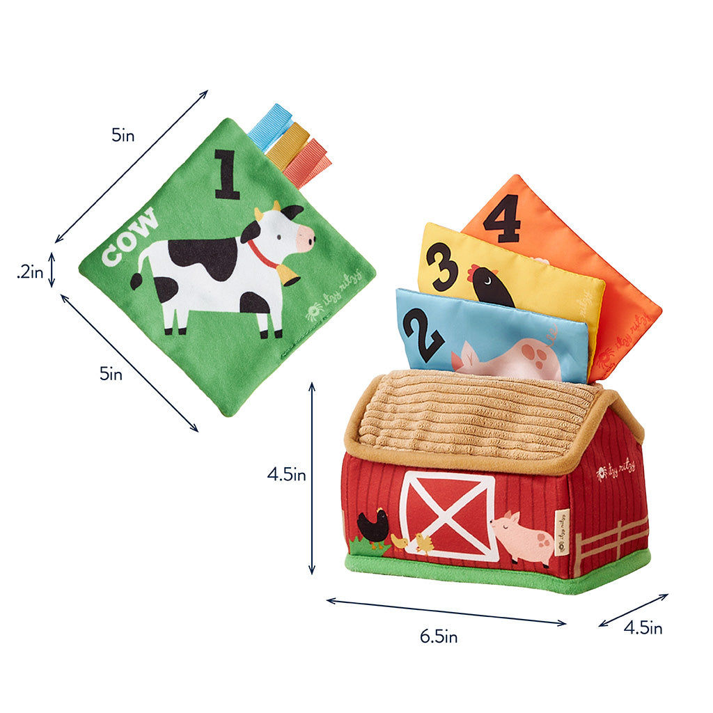 Educational farm-themed toy with cards and a barn-shaped container, showing dimensions.