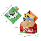 Educational farm-themed toy with cards and a barn-shaped container, showing dimensions.