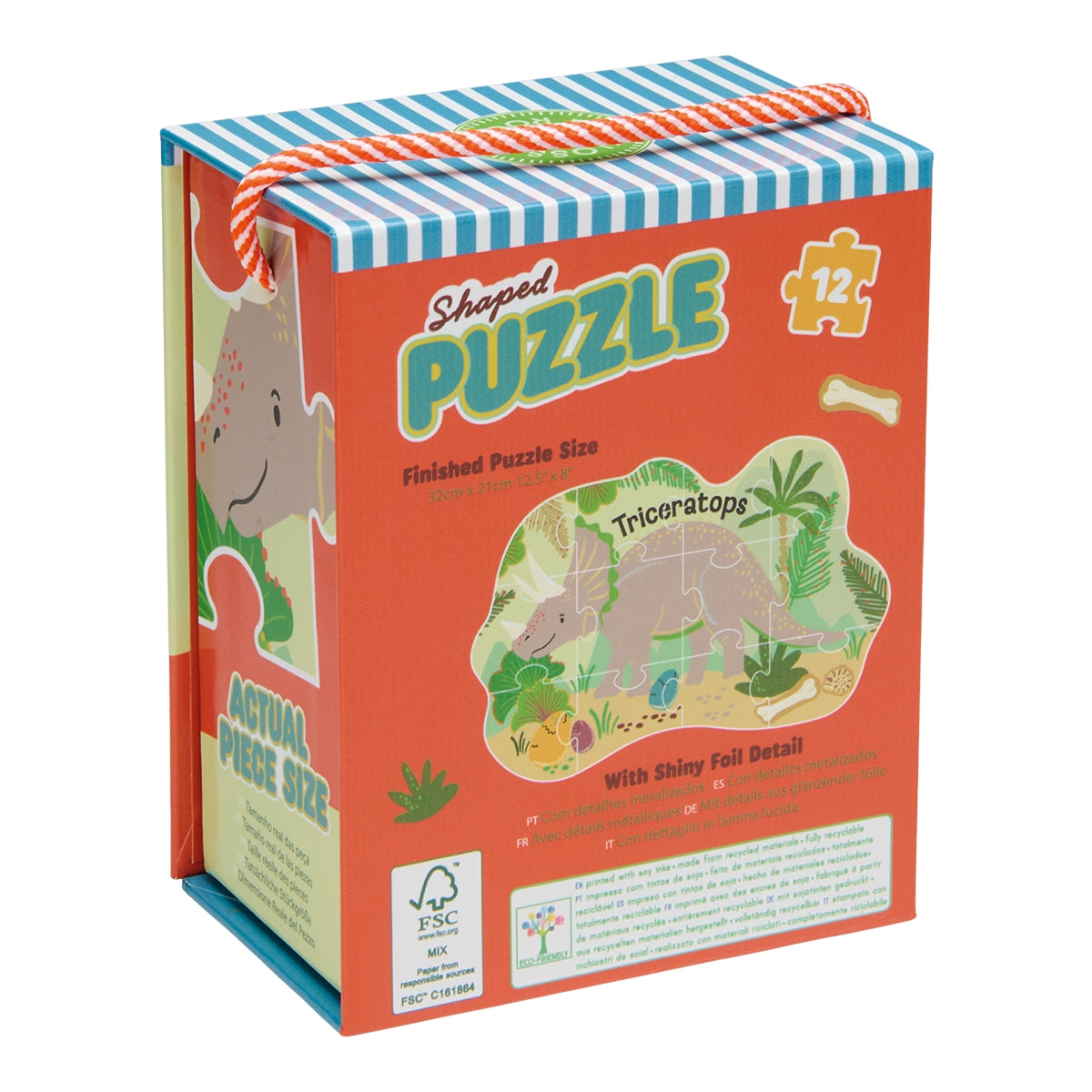 A children's wooden dinosaur puzzle in a red-orange cardboard box with a blue-and-white striped handle and multicolor printed graphics, photographed on a plain white background.