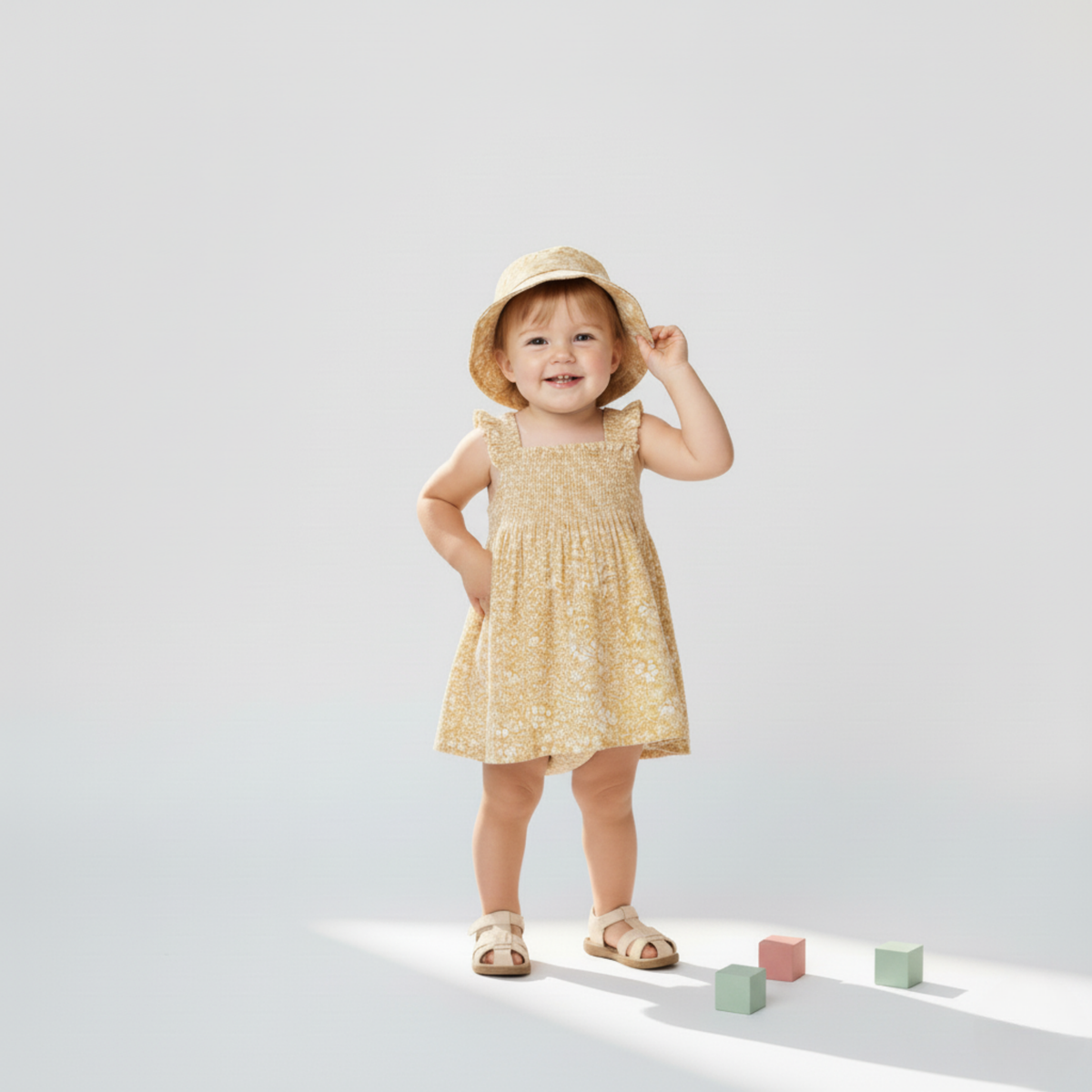 Child wearing a yellow dress and hat standing on a light gray background