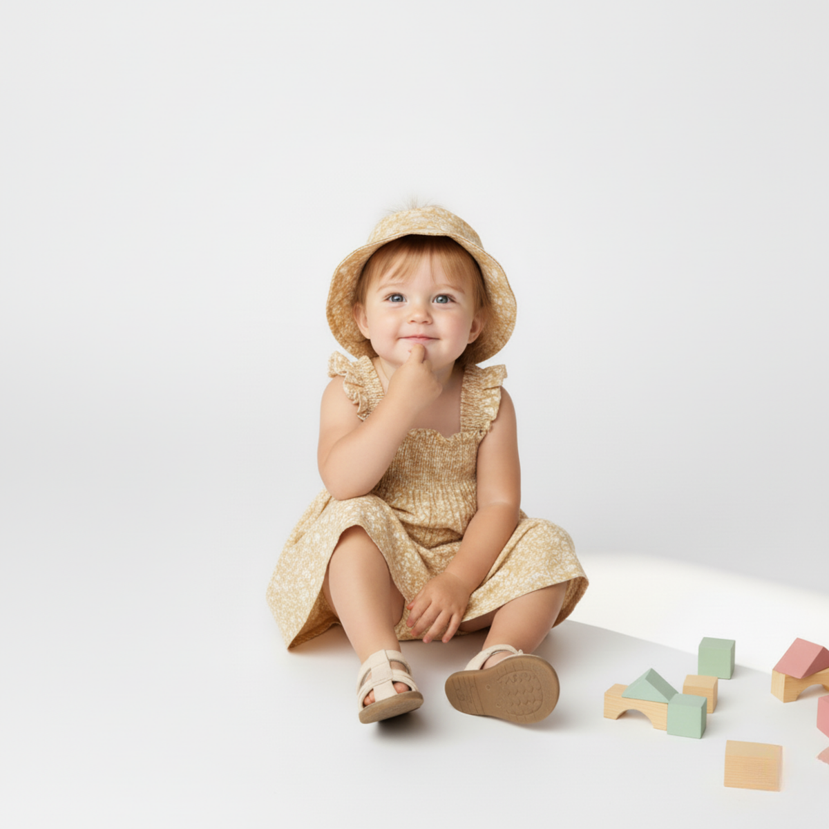 Child in a gold dress and hat sitting on a white surface with wooden blocks.