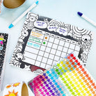 Coloring chart with cartoon designs on a light blue background, surrounded by markers and star-shaped stickers.