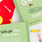 Children's book titled 'Let's Go Play Golf, Baby!' with golf-themed illustrations on a white background.