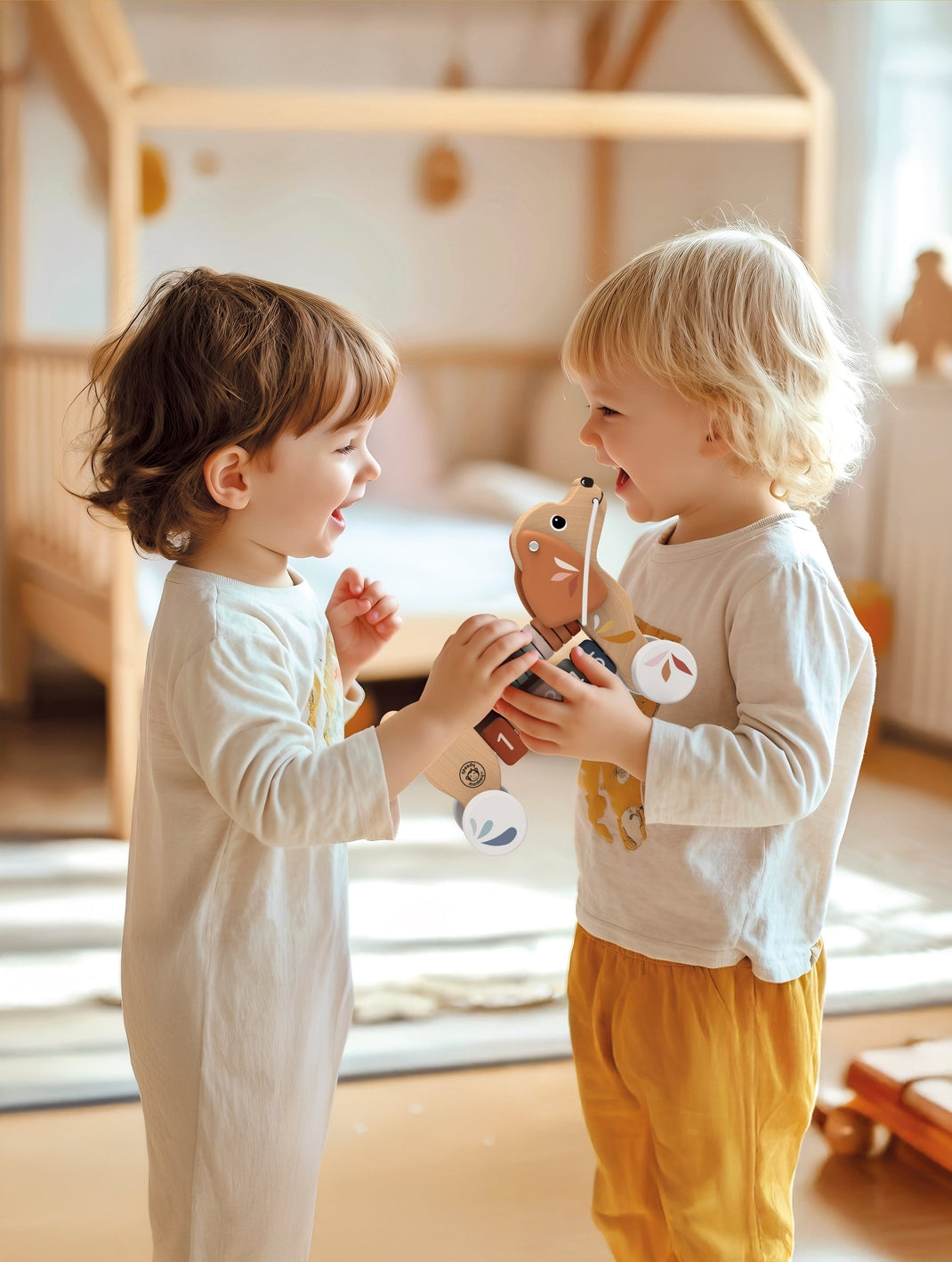 Two children playing with a toy in a room with wooden furniture.