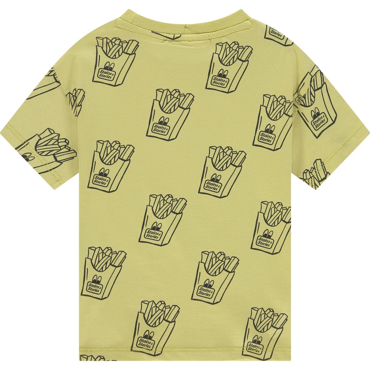 Yellow t-shirt with black graphic pattern of French fries and boxes on a white background