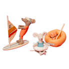 Three toy mice figures on a white background, one on a sailboat, one on a paddleboard, and one in an inflatable ring.