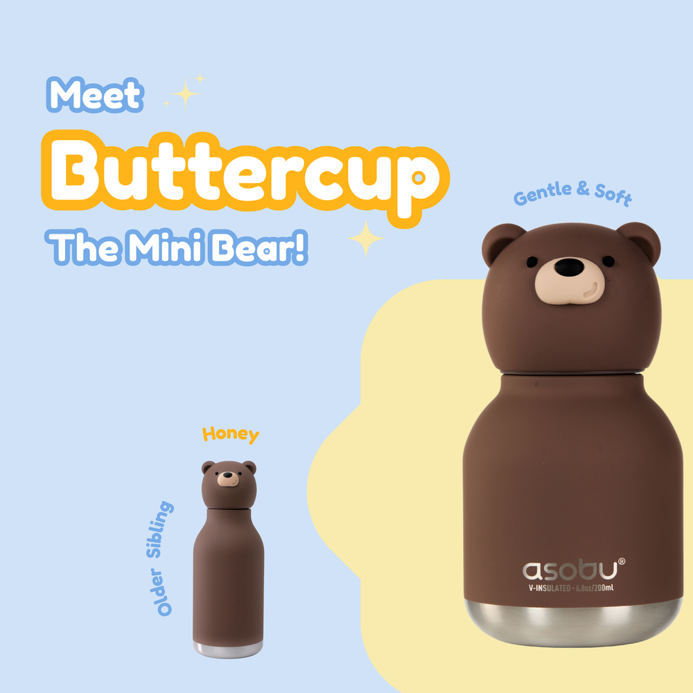 Brown bear-shaped bottle with 'asobu' branding on a light blue and yellow background