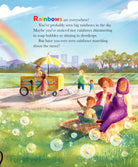 Illustration of children and adults with a rainbow, bubbles, and a cart in a park setting.