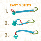 Step-by-step guide on how to use a blue and green baby pacifier holder with a white background.