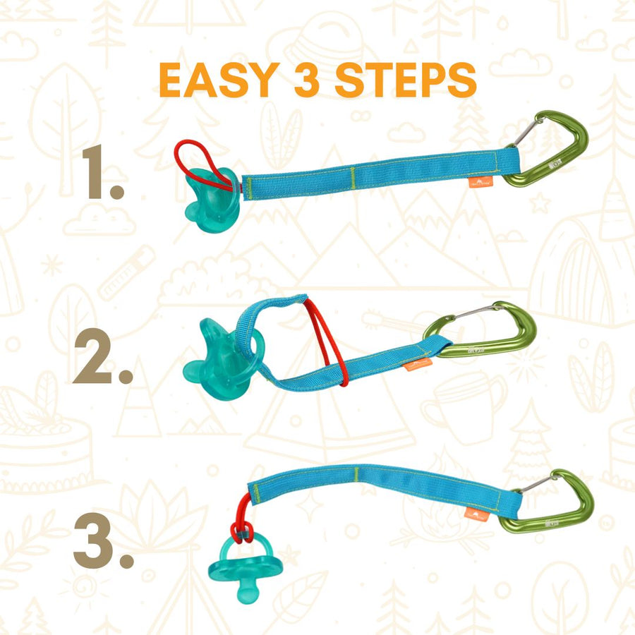 Step-by-step guide on how to use a blue and green baby pacifier holder with a white background.