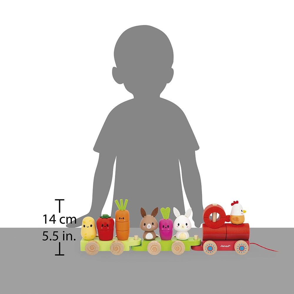 Toy train with animal figures next to a child's silhouette and measurement text.