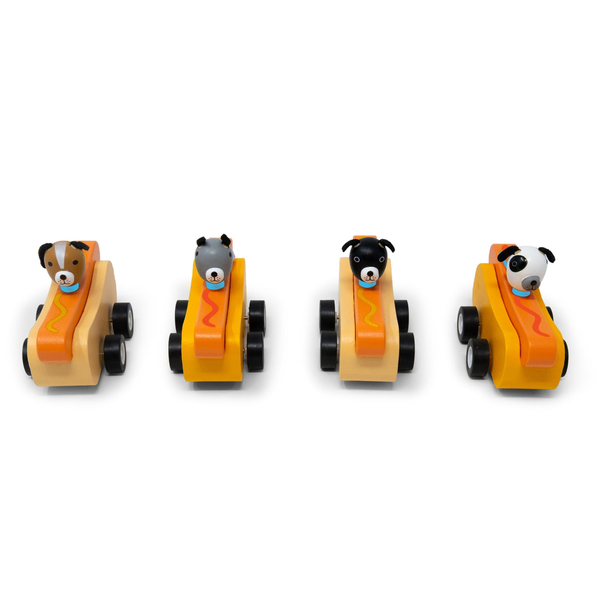 Four toy cars with dog figures on a white background