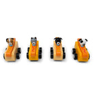 Four toy cars with dog figures on a white background